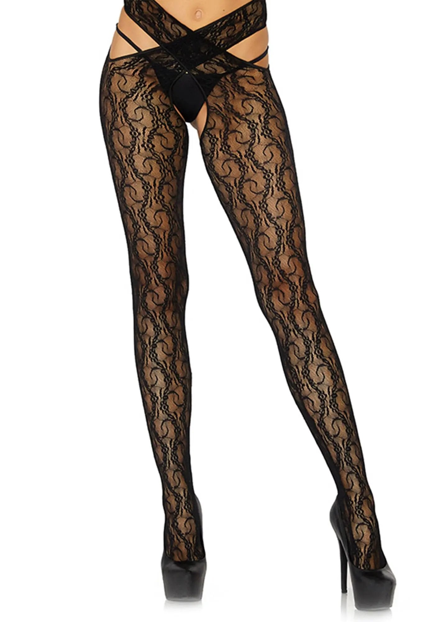 LacyNighty™ Floral Crotchless Wrap Tights Leg Avenue Hosiery