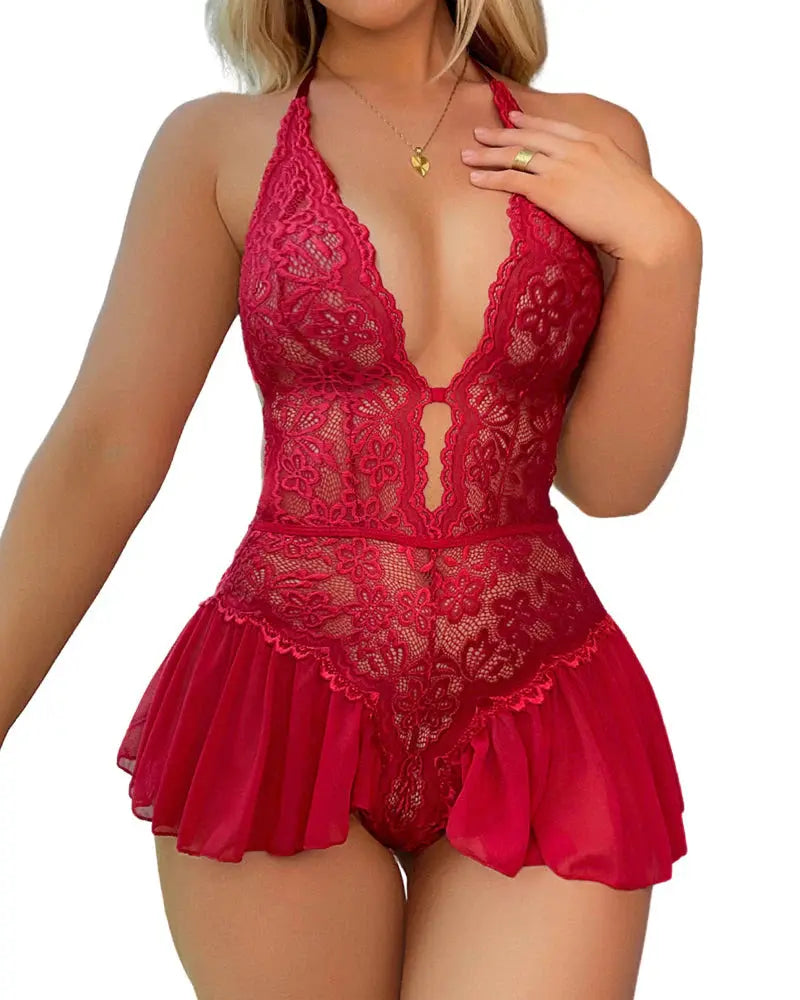 Lace Strap See-Through Crotchless Teddy Lacy Nighty