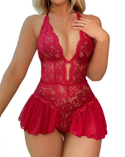 Lace Strap See-Through Crotchless Teddy Lacy Nighty