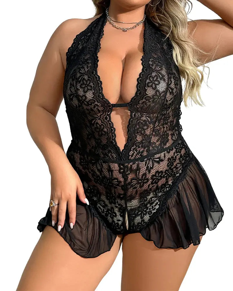 Lace Strap See-Through Crotchless Teddy Lacy Nighty