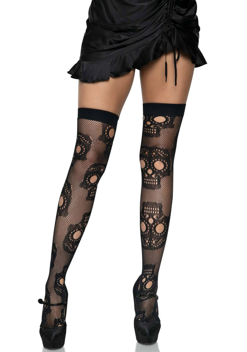 LacyNighty™ Sugar Skull Net Thigh Highs Leg Avenue Hosiery