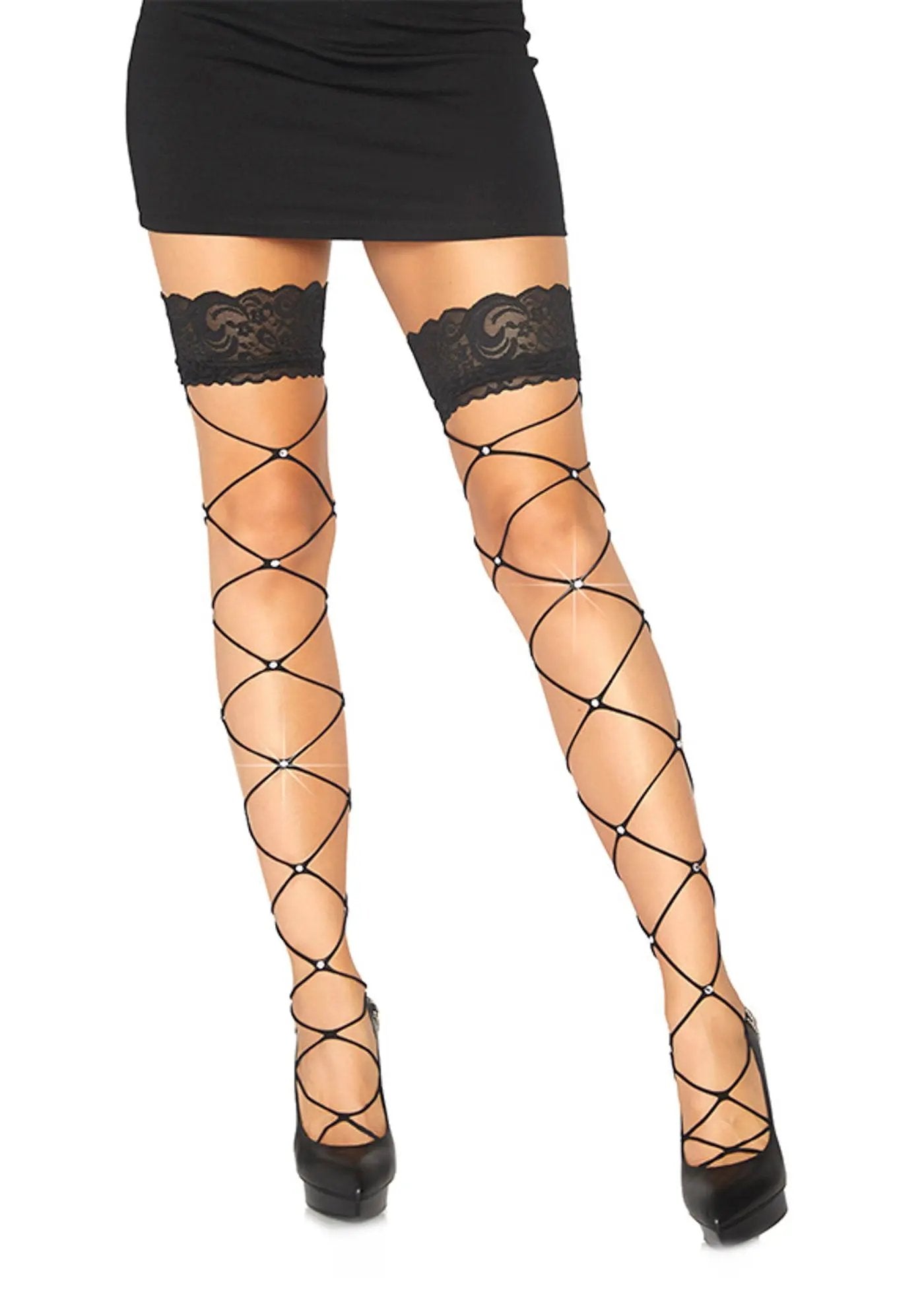 LacyNighty™ Wide Net Thigh High with Rhinestone Leg Avenue Hosiery