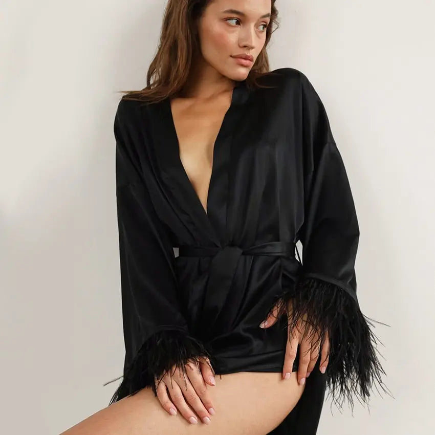Feather Trim Robe Lavah Intimates