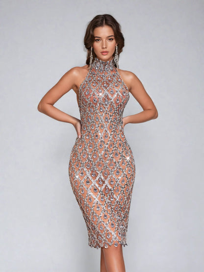 Liora Sequin Crystal Midi Dress In Light Nude Embellishment