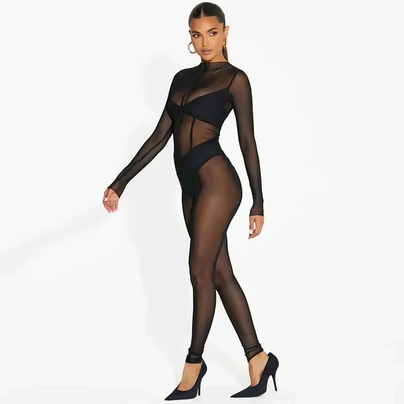 Black Mesh Seam Detail Jumpsuit Lavah Intimates bodystocking