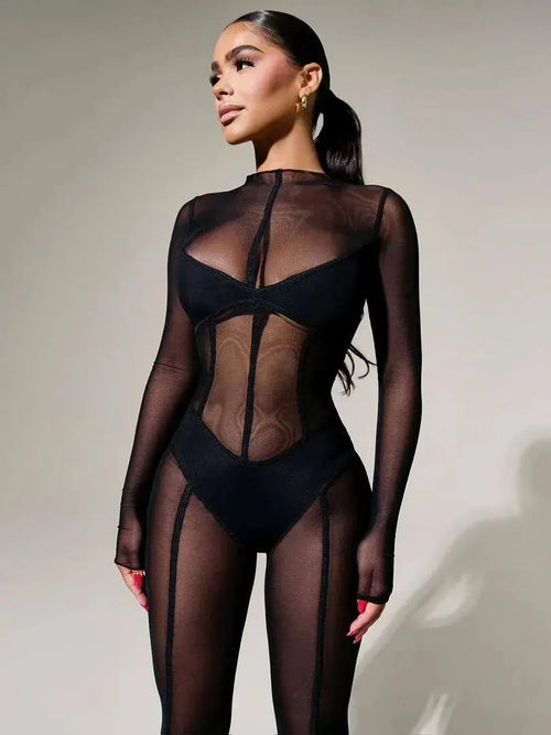Black Mesh Seam Detail Jumpsuit Lavah Intimates bodystocking