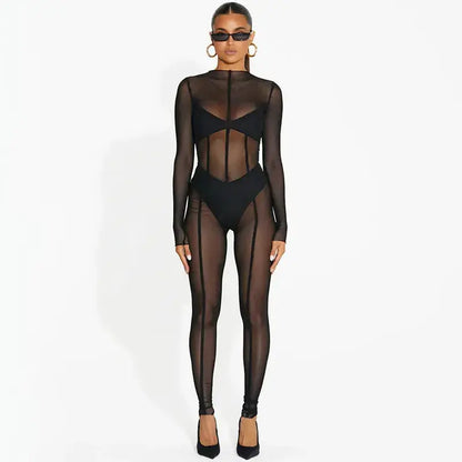 Black Mesh Seam Detail Jumpsuit Lavah Intimates bodystocking