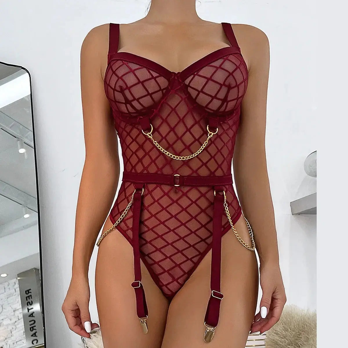 Noir Enchant Bodysuit | Seductive Black Mesh Lingerie Lacy Nighty