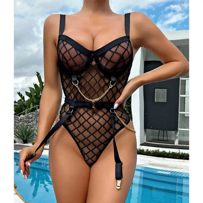 Noir Enchant Bodysuit | Seductive Black Mesh Lingerie Lacy Nighty