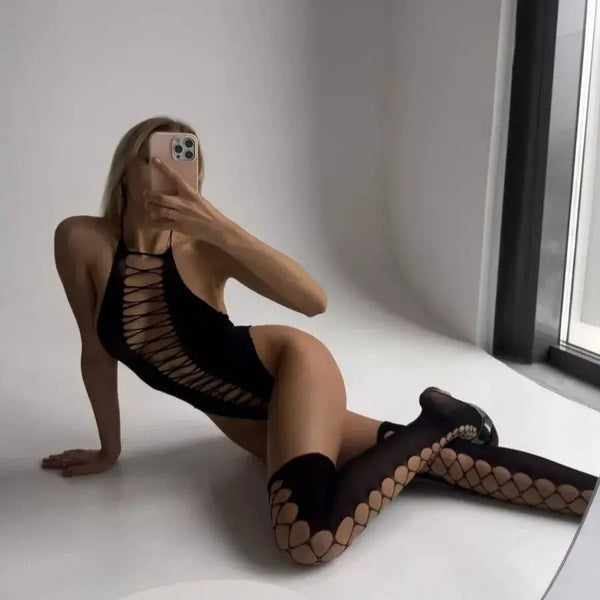 LacyNighty™ Fishnet Bodysuit with Stocking Hemiras lingerie