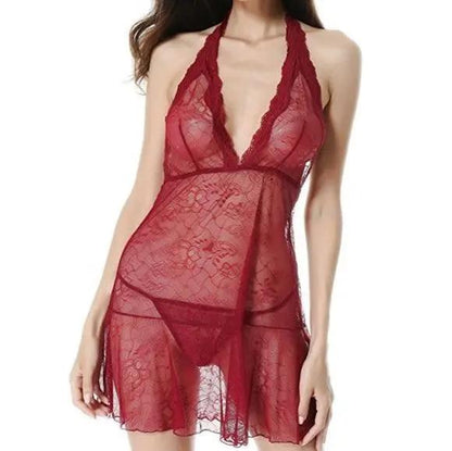 Sexy Lace Halter Chemise Lingerie Set - Merlot Elegance LYPS Lingerie