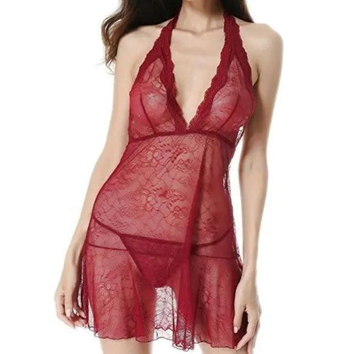 Sexy Lace Halter Chemise Lingerie Set - Merlot Elegance LYPS Lingerie