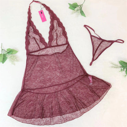 Sexy Lace Halter Chemise Lingerie Set - Merlot Elegance LYPS Lingerie