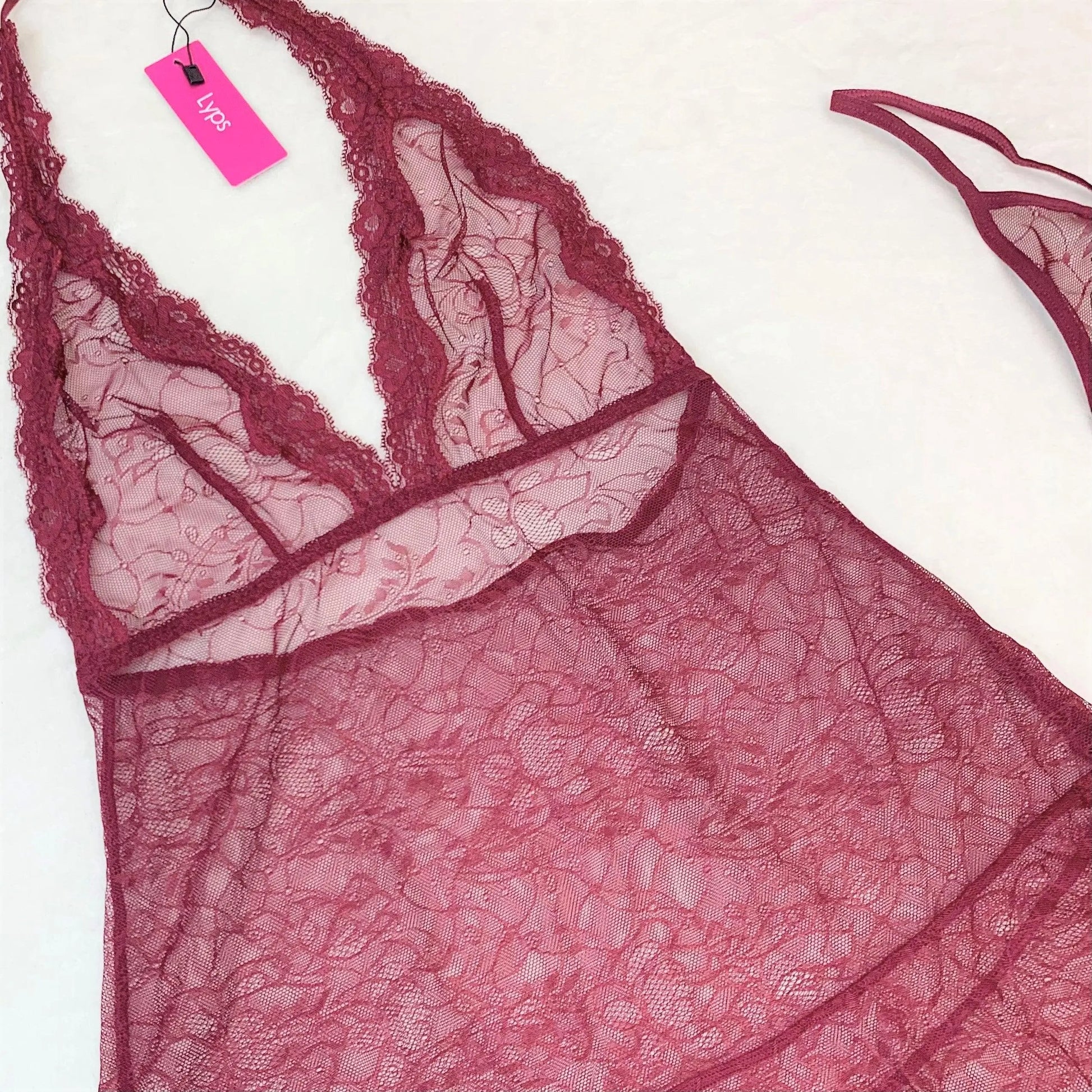 Sexy Lace Halter Chemise Lingerie Set - Merlot Elegance LYPS Lingerie